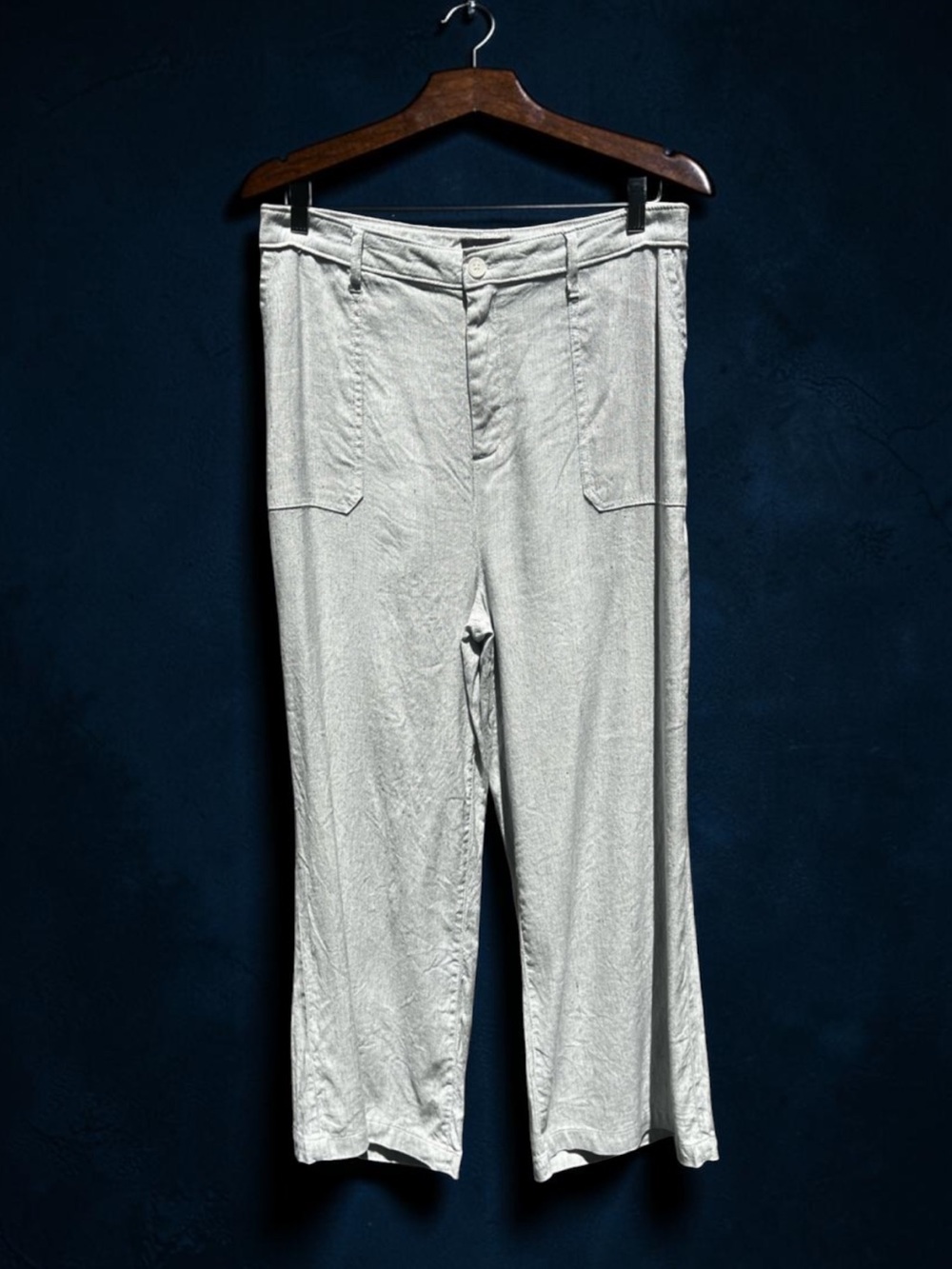 🌻NYDJ Stretch Linen Wide Leg Crop Cargo Pants Slubby Stripe High Rise Size 18